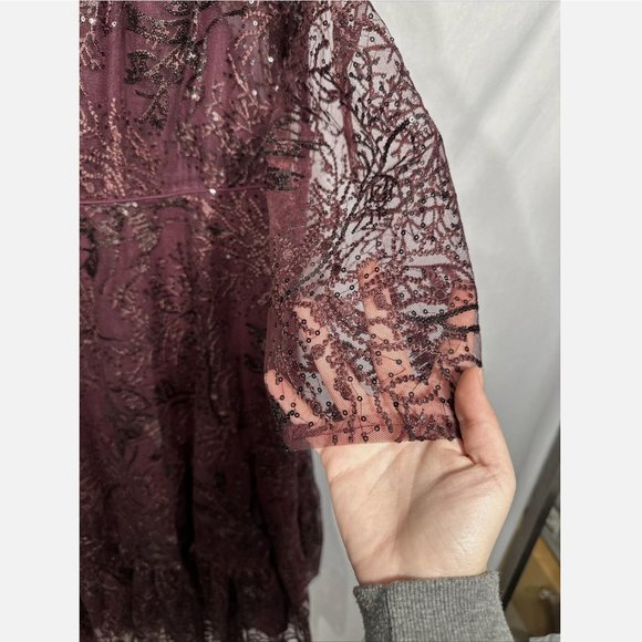 NWT $498 Mac Duggal [ 16 ] Lace Embellished Long‎ Sleeve Ruffle Dress Wine Red - Picture 6 of 15
